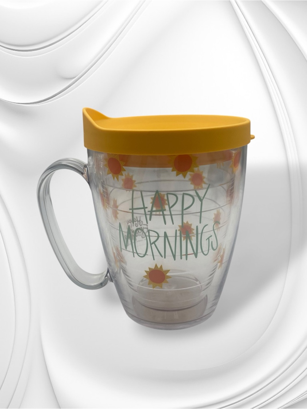 Tervis "Happy Mornings" Insulated Clear Coffee Mug Yellow Travel Lid 16oz